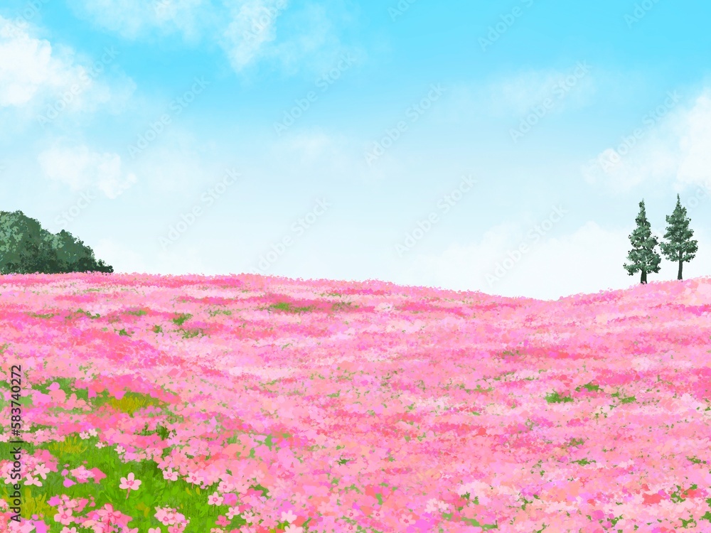 遠くに木が生えている芝桜と雲の浮かぶ青空が綺麗な春の背景イラスト