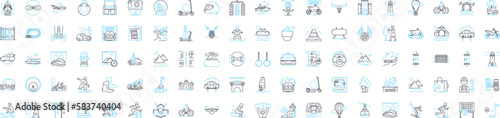 Adventure holiday vector line icons set. Voyage, Expedition, Trek, Tour, Holiday, Camp, Journey illustration outline concept symbols and signs