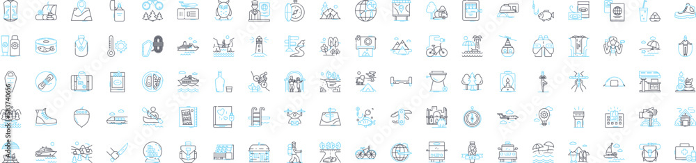 Travel business vector line icons set. Tourism, Tour, Vacation, Journey, Adventure, Transport, Sightseeing illustration outline concept symbols and signs