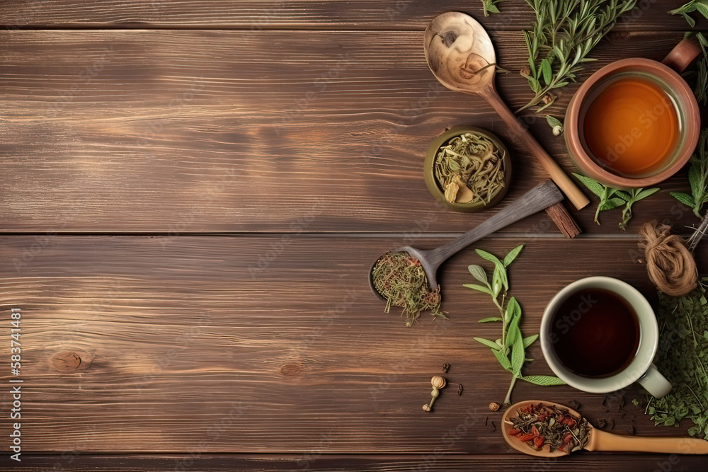 Cup of tea with teapot, organic green tea leaves and dried herbs on wooden table top view with copy space Cup of tea with teapot, organic green tea leaves and dried herbs on wooden table top view with copy space