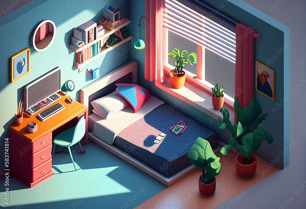 Isometric interior of a bedroom. Generative AI. Isometric interior of a bedroom. Generative AI.