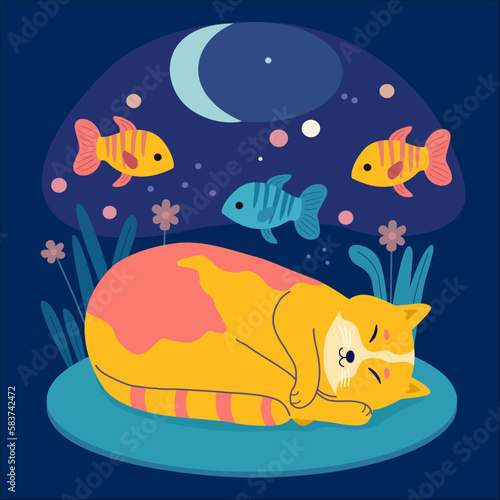 Vector illustration of color sleeping character cat on dark background. Hand draw line art design for web, site, advertising, banner, poster, board, print and card.