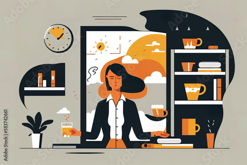 2D flat illustration, A businesswoman's daily lifestyle is depicted for physical and mental well-being. Self-care and hygiene habits are important for optimal health ,Flat vector illustration