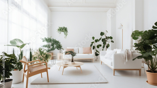 Bright and clean living room with plants and couch