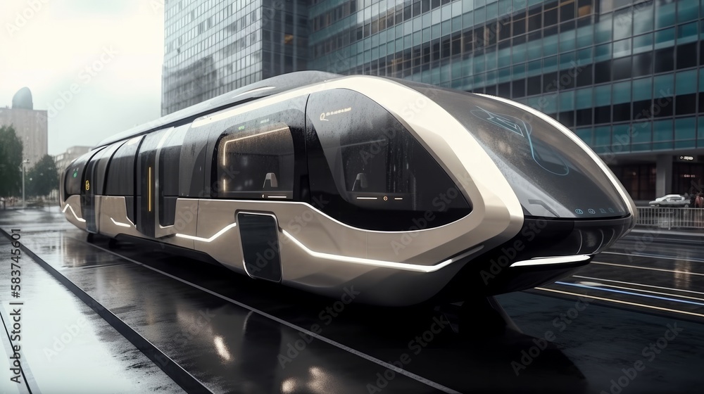 Modern high-speed train on the platform in the city. Generative AI