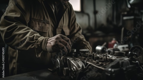 Mechanic repairing a car engine in a workshop. Selective focus. Generative AI