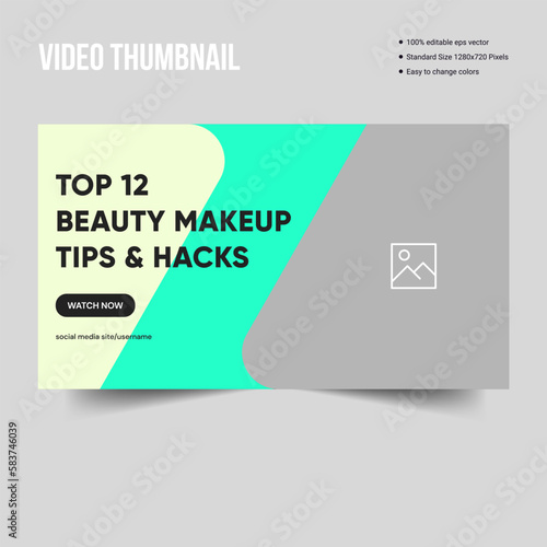 Beauty makeup tips video thumbnail cover banner template design, vector eps 10 file format