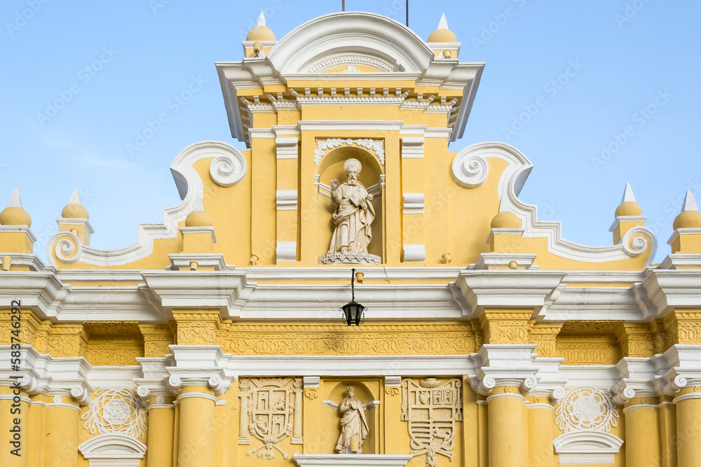 Architectural detail of the San Pedro Apostol church in Antigua Guatemala, former capital of Guatemala from 1543 to 1773, a city that has retained its colonial architectural features to this day
