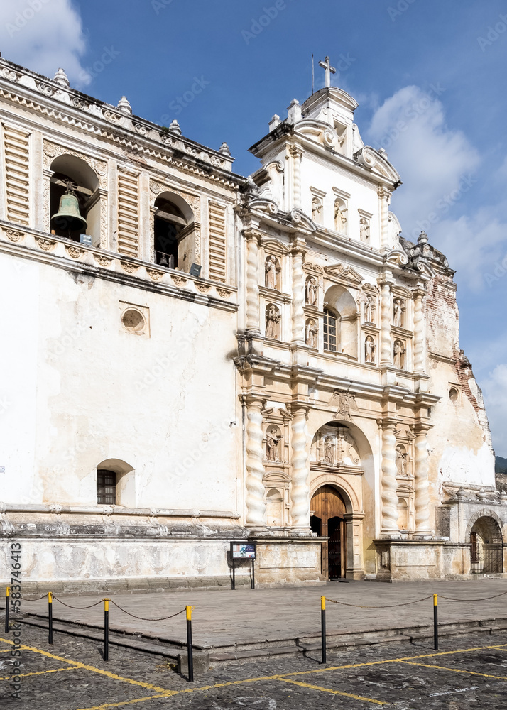 Architectural detail of San Francisco el Grande church in Antigua Guatemala, former capital of Guatemala from 1543 to 1773, a city that has retained its colonial architectural features to this day