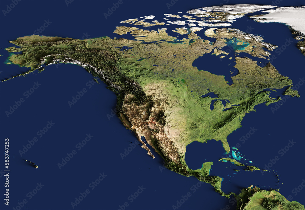 3d illustration of a highly detailed map of North America. Elements of this image furnished by NASA.