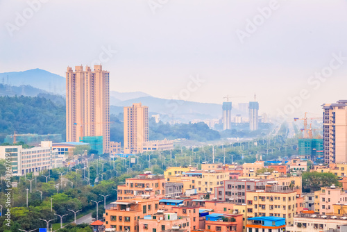 Day time misty cityscape of Zhuhai, China.