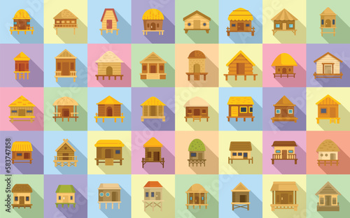 Bungalow icons set flat vector. African cabin. Beach cottage