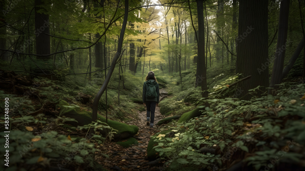 a young woman exploring a beautiful forest