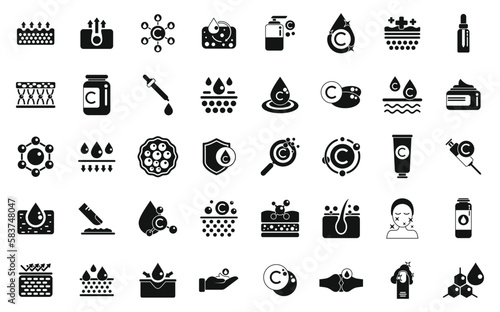 Collagen icons set simple vector. Skin acid. Hair oil