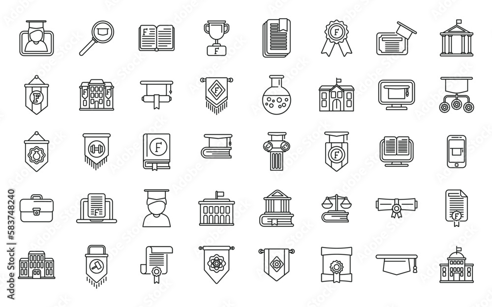 University department icons set outline vector. Student campus. Learner school University department icons set outline vector. Student campus. Learner school