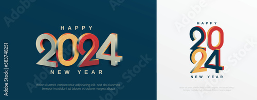 Happy new year 2024 with 3D retro full color design template. 2024 new year celebration concept for greeting card, banner and post template