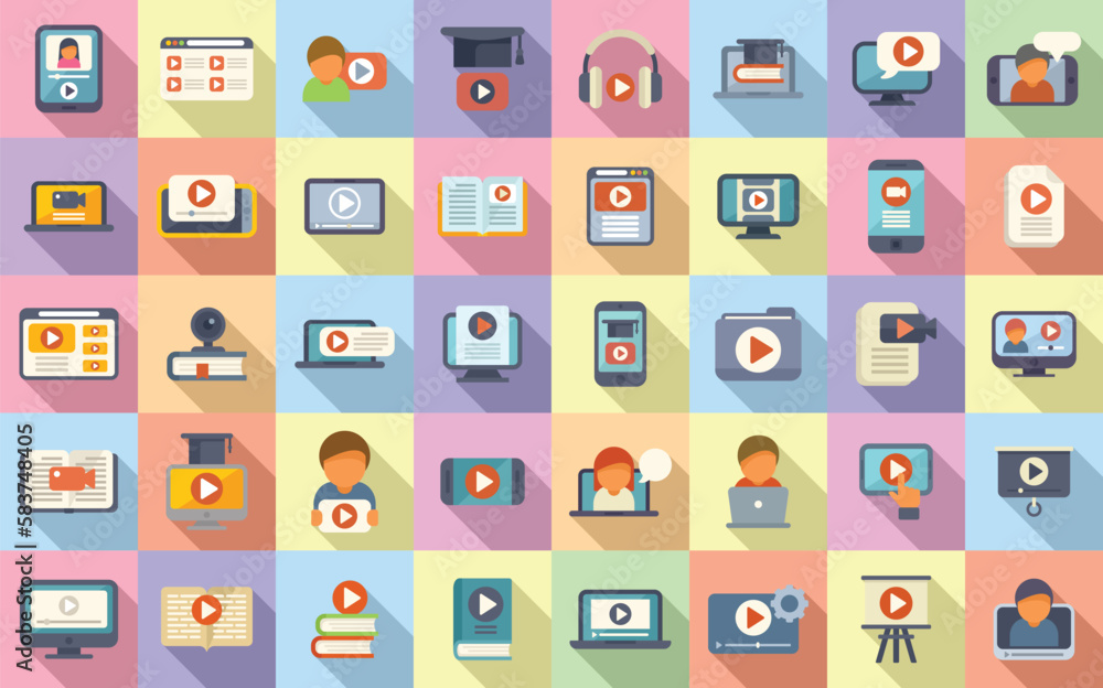 Video tutorial icons set flat vector. Online stream. Audio movie