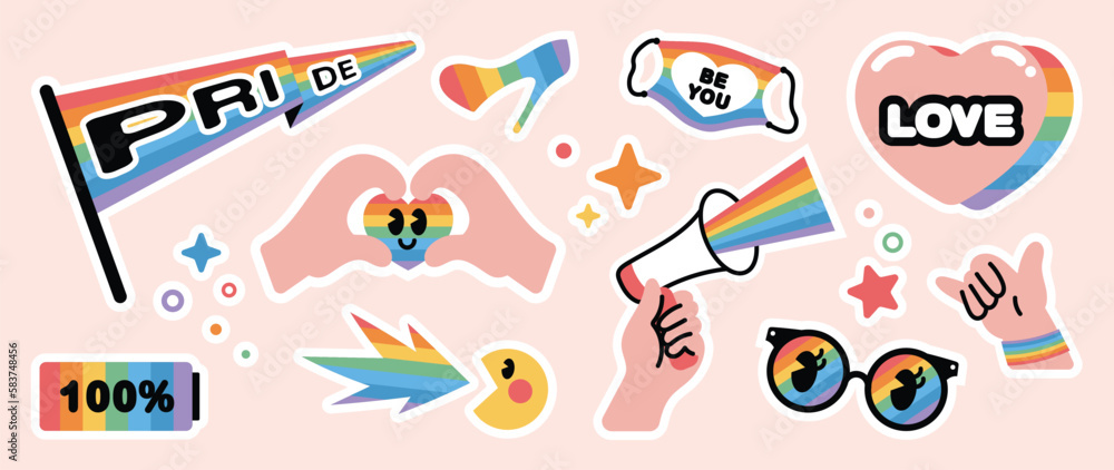 Happy Pride LGBTQ element set. LGBTQ community symbols with rainbow flag, megaphone, mask. Elements illustrated for pride month, bisexual, transgender, gender equality, sticker, rights concept.