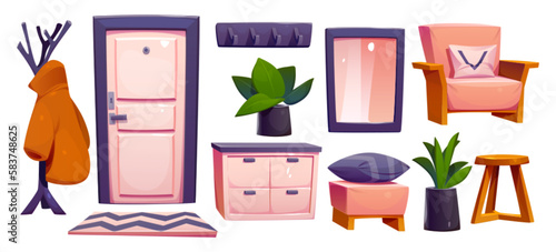 Isolated empty home hall vector interior set with entrance door. Cozy apartment hallway furniture with wooden chair, mirror and pouf. Contemporary house or flat clean lobby png antechamber object.