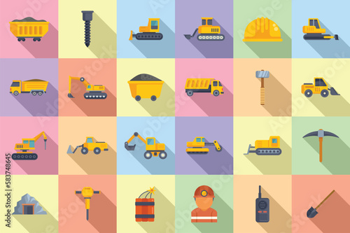 Quarry services icons set flat vector. Auto carrier. Car deliver
