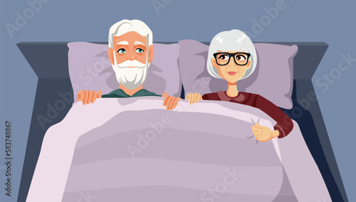 Senior Couple Sitting in Bed Together Vector Cartoon Illustration. Elderly husband and wife feeling attraction after many years of marriage
