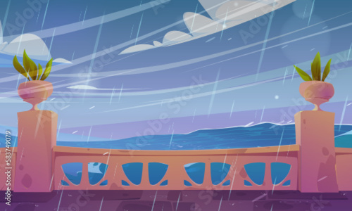 Hotel terrace empty view with stormy sea and rain. Summer vector bad windy weather background of indian palace balcony ocean landscape. Balustrade on ancient patio with green plant, baroque lounge