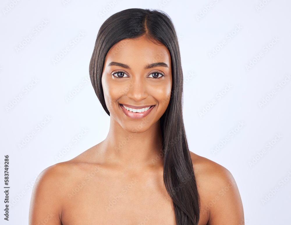 Woman, hair and beauty and haircare in portrait with smile, cosmetic care and keratin treatment on studio background. Happy, Indian female with hairstyle and skin glow, Brazilian and cosmetics Woman, hair and beauty and haircare in portrait with smile, cosmetic care and keratin treatment on studio background. Happy, Indian female with hairstyle and skin glow, Brazilian and cosmetics