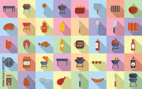 Grill icons set flat vector. Round cooking. Food bbq