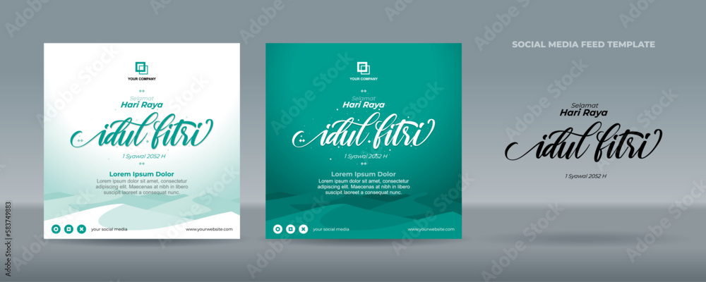 Handwriting Calligraphy Selamat Hari Raya Idul Fitri Translation of Happy Eid Mubarak in Indonesian. Greetings card on blue green and white desert background - Template for social media feed post Handwriting Calligraphy Selamat Hari Raya Idul Fitri Translation of Happy Eid Mubarak in Indonesian. Greetings card on blue green and white desert background - Template for social media feed post