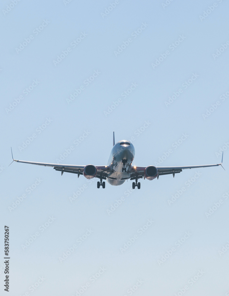 Fototapeta premium View of modern passenger plane aircraft in flight, commercial airplane flying in the sky before take off or landing, with mountains in the background in a summer sunny day