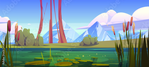 Green swamp and cattail near lake, mountain skyline vector background. Pond in bush with bulrush. Dirty water in river cartoon fantasy illustration. Wild nature landscape with shining water surface