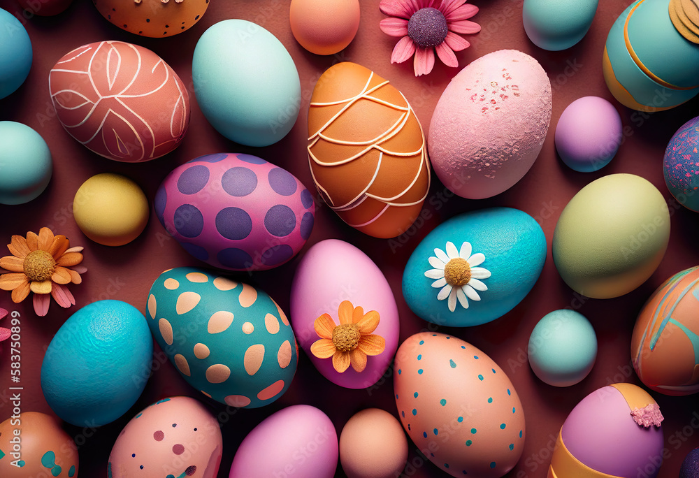 Colorful Easter eggs background, Top view. AI Generated.