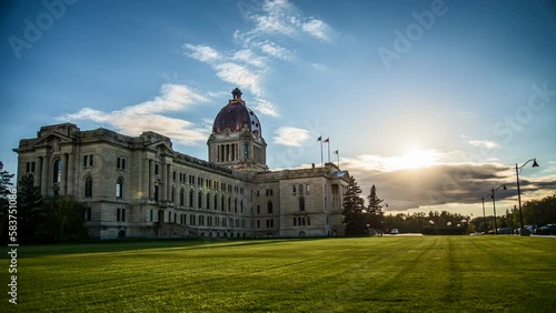 Rising shot of sunset behind the legislature building in Regina, Saskatchewan