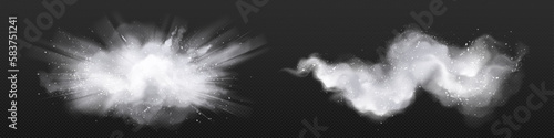 Realistic set of white powder clouds isolated on transparent background. Vector illustration of abstract dust explosion in air, crystal clear washing detergent scattered, snow blizzard, flour burst