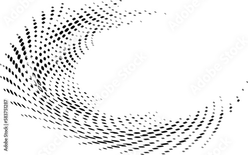 Rounded halftone swirling frame with a glitch or shift of volumetric polka dots  specks  and effervescent bubbles. Vector.