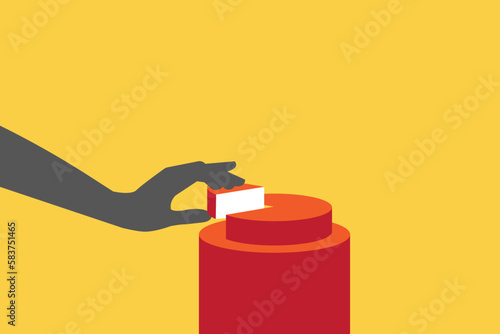 businessman hand taking piece of cake. Market share, financial concept