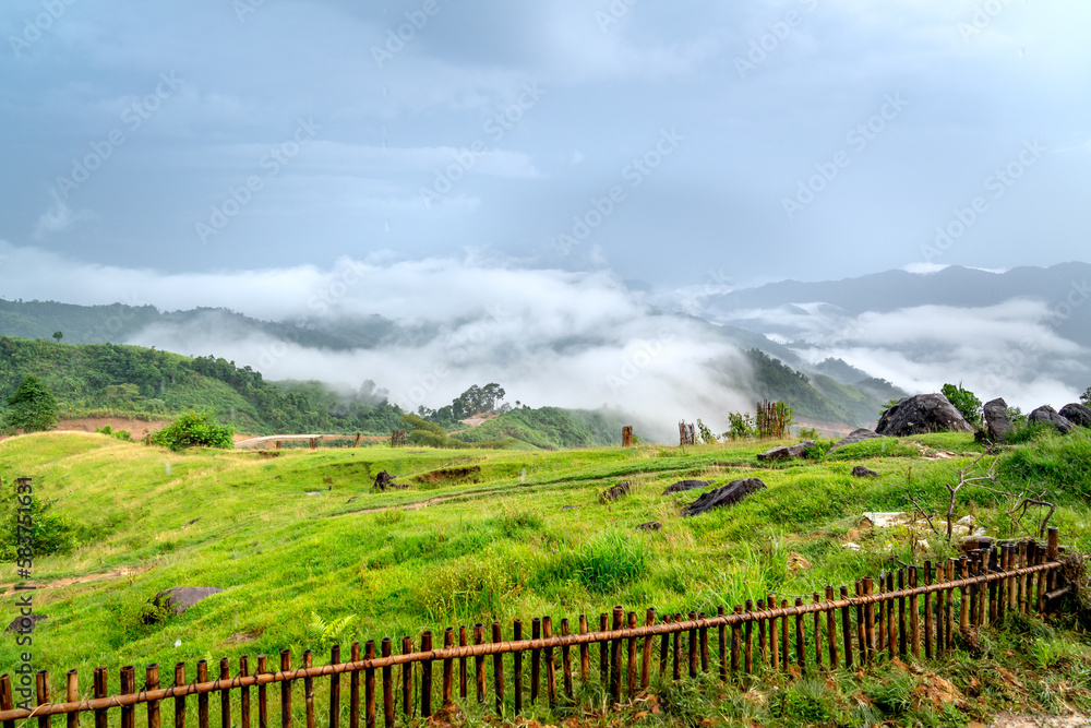 Naklejka premium Panoramic view of sunrise with a trail going through a valley filled with white clouds in the Tak Po mountains in Tra Tap commune, Nam Tra My district, Quang Nam province, Vietnam