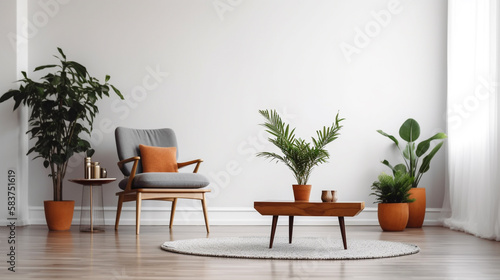 Minimalist living room, furniture, potted plant, minimalist background.