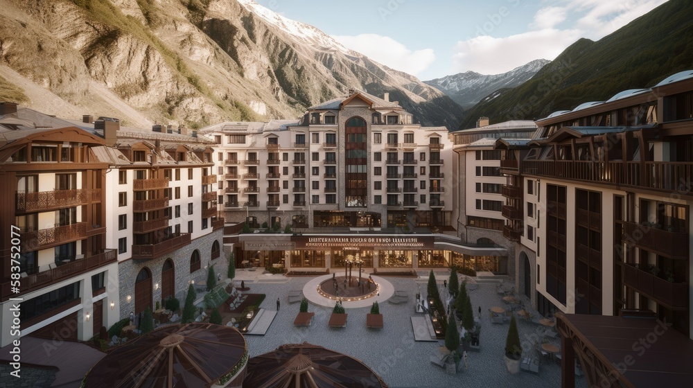 Luxury resort hotel in the mountains. Generative AI illustration.