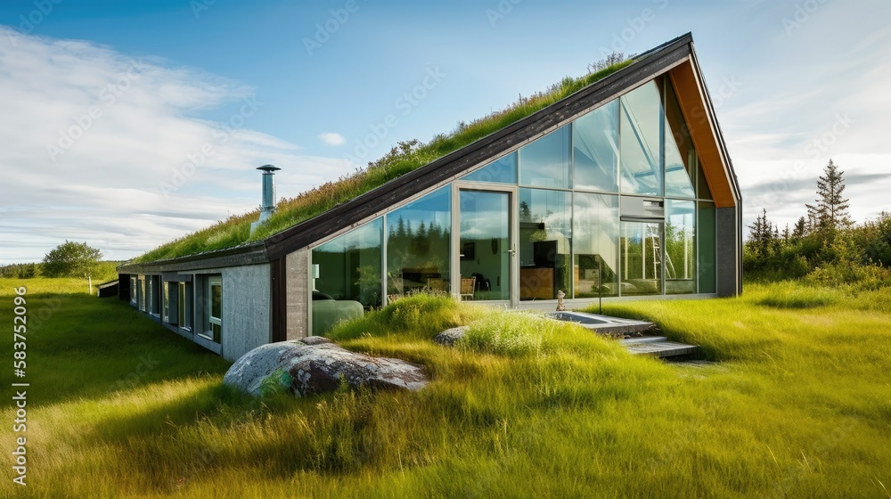 Modern house concept, with grass on the roof. Green home design