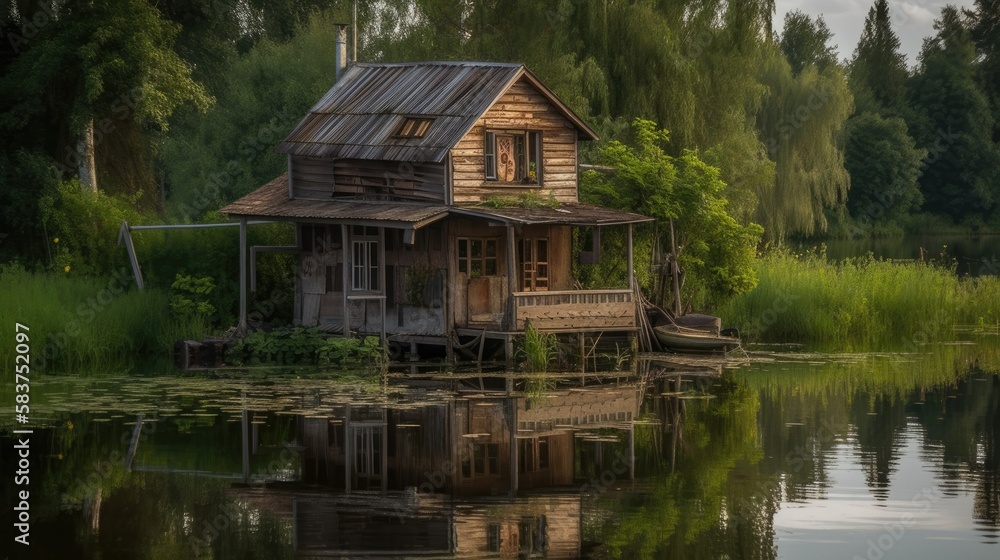 Old wooden house on a river. Generative AI illustration. Old wooden house on a river. Generative AI illustration.