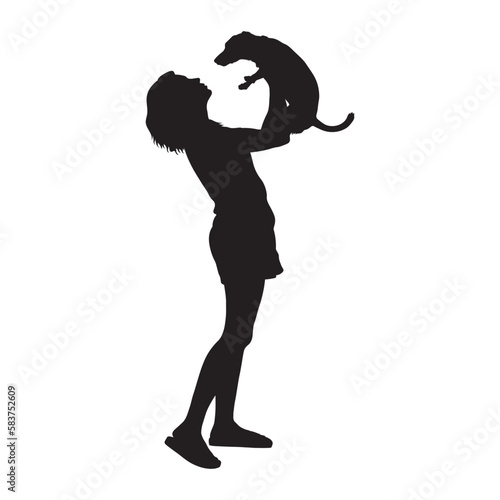 Girl lifting picking up little dog puppy vector silhouette.