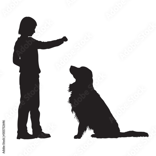 Boy training dog to sit vector silhouette.