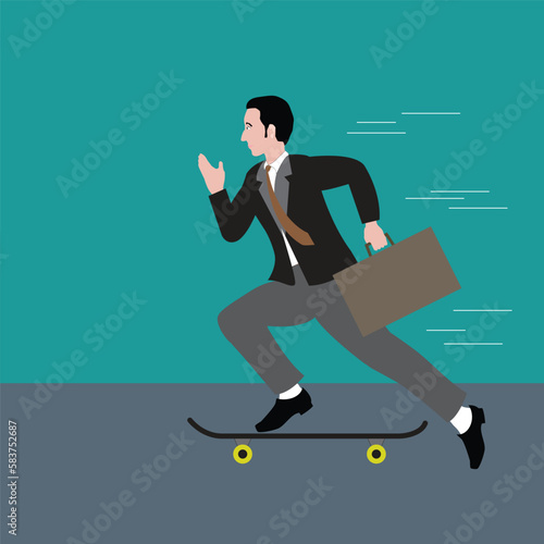 Young businessman riding on a skateboard.
