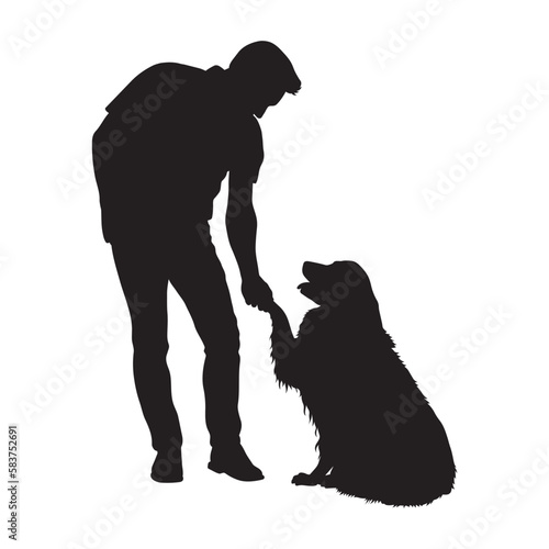 Man shaking hands golden retriever dog vector silhouette.