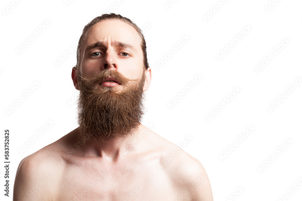 Obraz premium Hipster wearing a long beard on white background in studio photo