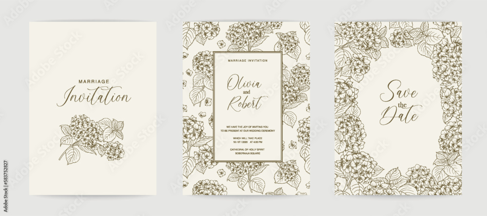 Wedding invitation. Hydrangeas illustration. hand-drawn frame.