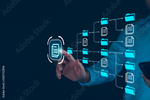 Document management system, DMS and business process system automation technology. Finger touching document icon on virtual screen. File storage data and archiving. ERP. software Folder structure.