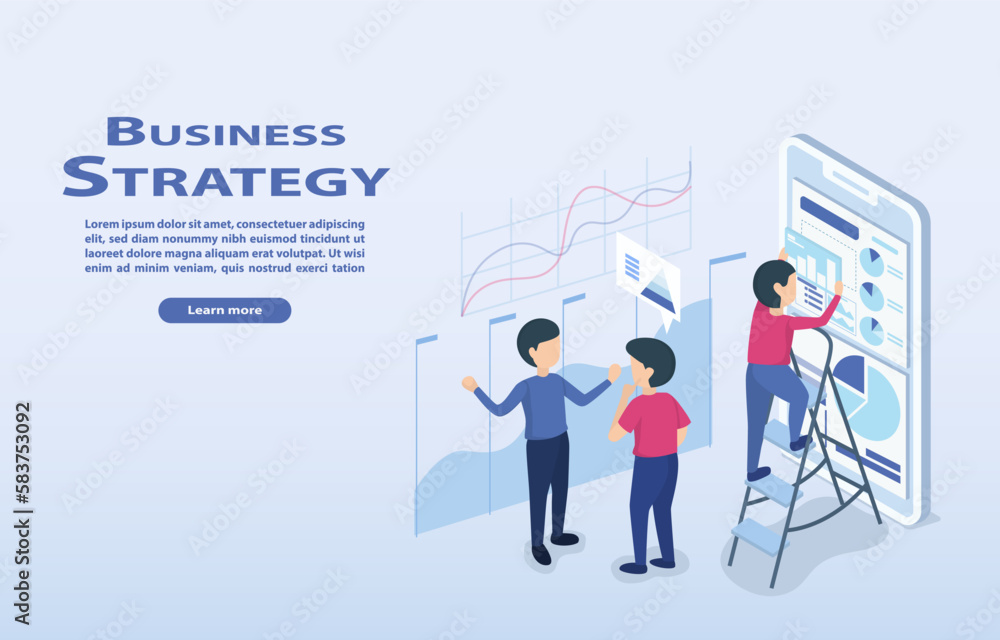 Business strategy ideas. Business people are working on project analysis graphs to manage their business efficiently, improve their organization to achieve success. Isometric vector illustration.