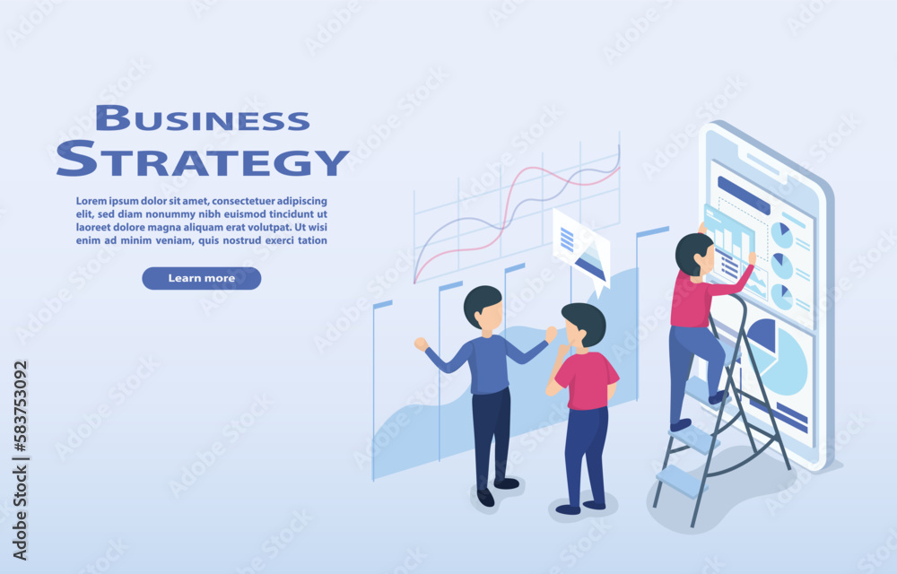 Business strategy ideas. Business people are working on project analysis graphs to manage their business efficiently, improve their organization to achieve success. Isometric vector illustration. Business strategy ideas. Business people are working on project analysis graphs to manage their business efficiently, improve their organization to achieve success. Isometric vector illustration.